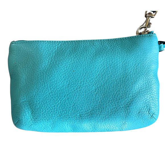 COACH Women's Small Teal Pebble Leather Silver Turnlock Top Zip Wristlet Classic - Picture 9 of 12